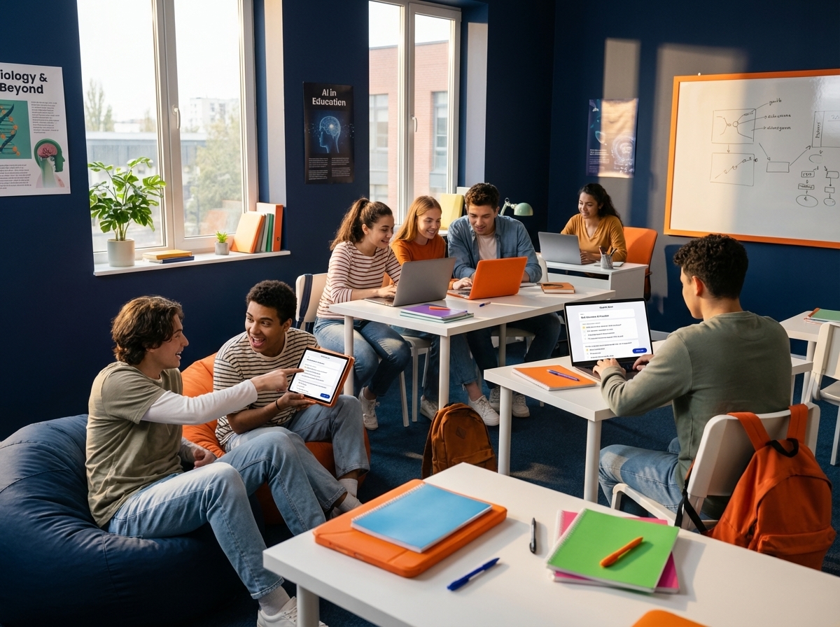 Students collaborating with AI-powered quiz tools in a modern classroom setting